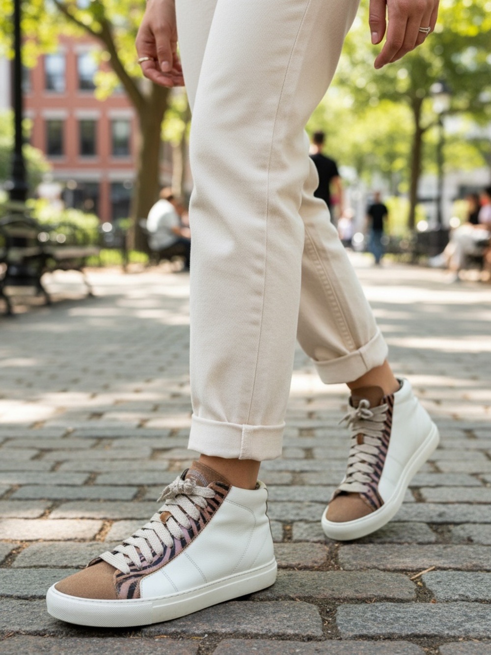 P448 Star High-Top Sneakers in White and Brown with Zebra Accent size 39